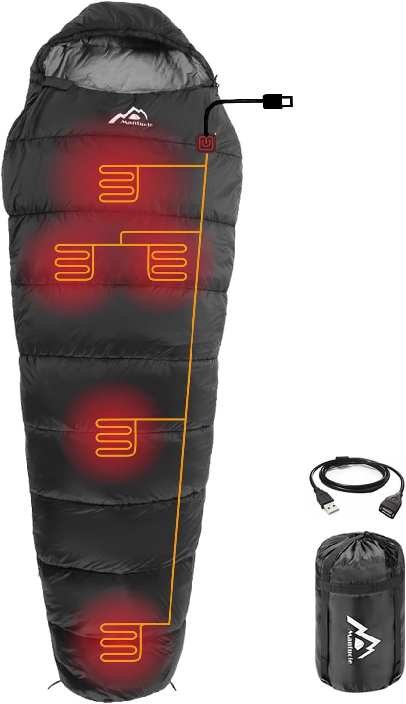 Heated Sleeping Bag 5pcs Multi USB Power Support Heating Pads,Operated with Battery Power Bank or Other USB Power Supplies, Portable Compact Bag, Mummy Style