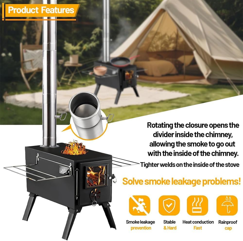 Hot Tent Stove, Wood Burning Stove, Portable Wood Stove with 6 Stainless Chimney Pipes for Outdoor Heating & Cooking, Ice Fishing, Hunting