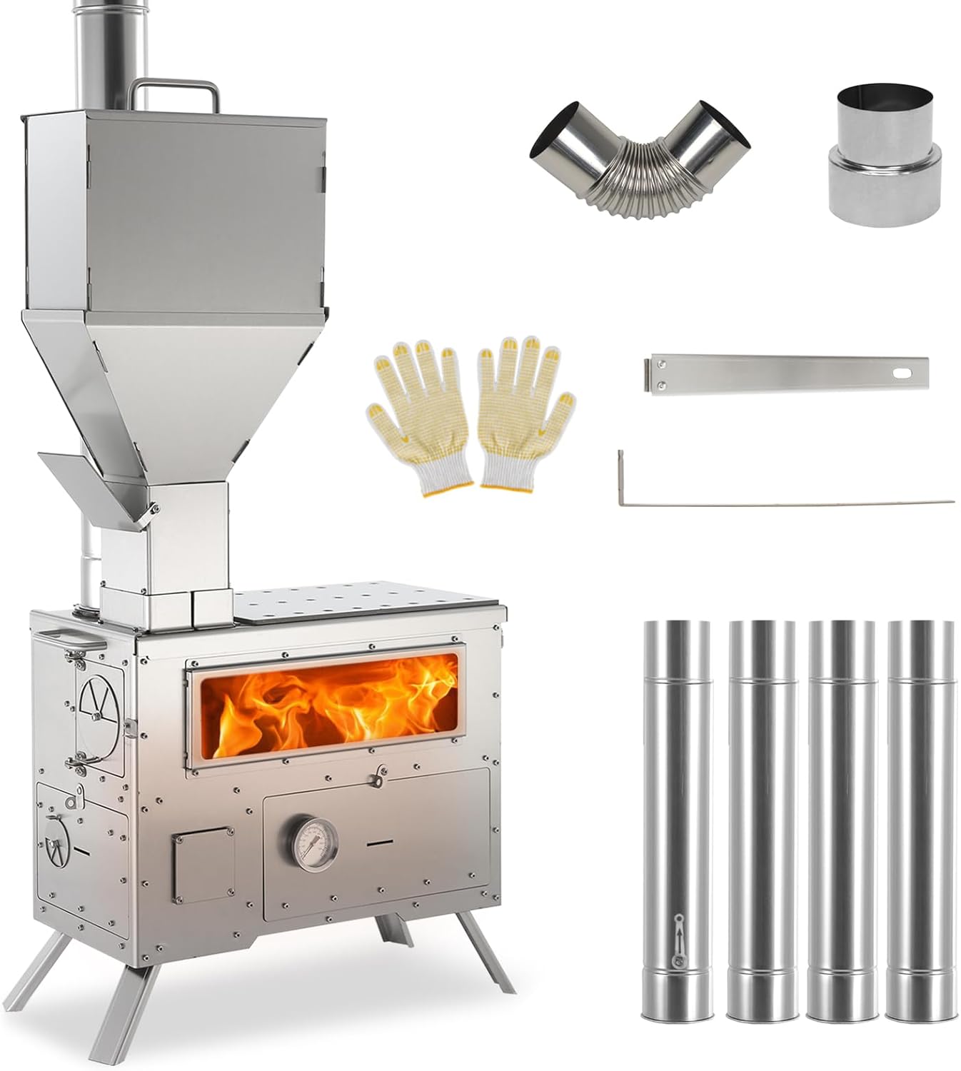 Camping Pellet Burning Stove with Oven, Portable Wood Burning Stove for Outdoor, Cooking, Hiking,Hot Tent Stove with Stainless Steel Construction Chimney Pipes Included