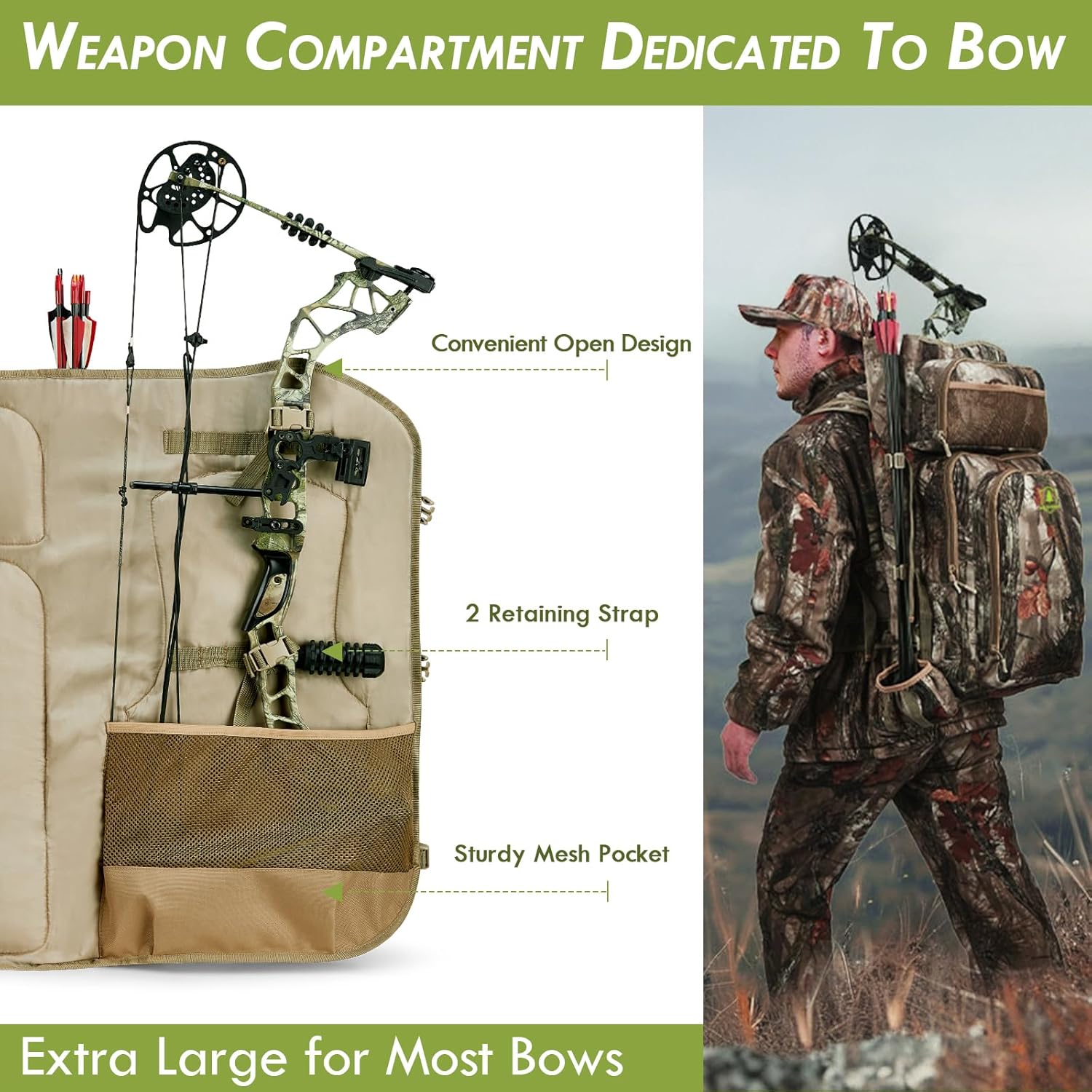 Camo Bow Hunting Backpack for Men, Saddle Hunting Backpack with Bow Holder, Compound Bow Hunting Bag for Deer and Elk Hunting