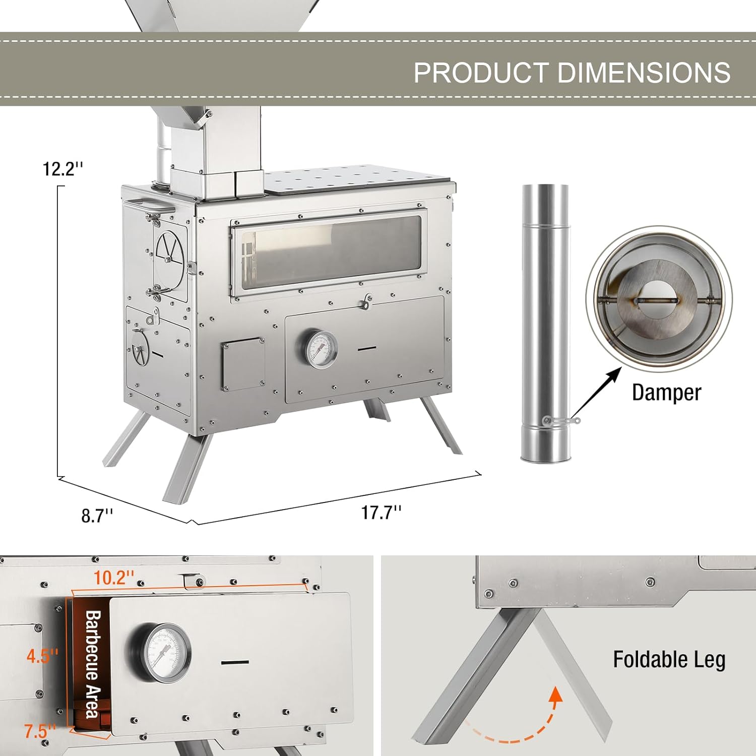 Camping Pellet Burning Stove with Oven, Portable Wood Burning Stove for Outdoor, Cooking, Hiking,Hot Tent Stove with Stainless Steel Construction Chimney Pipes Included