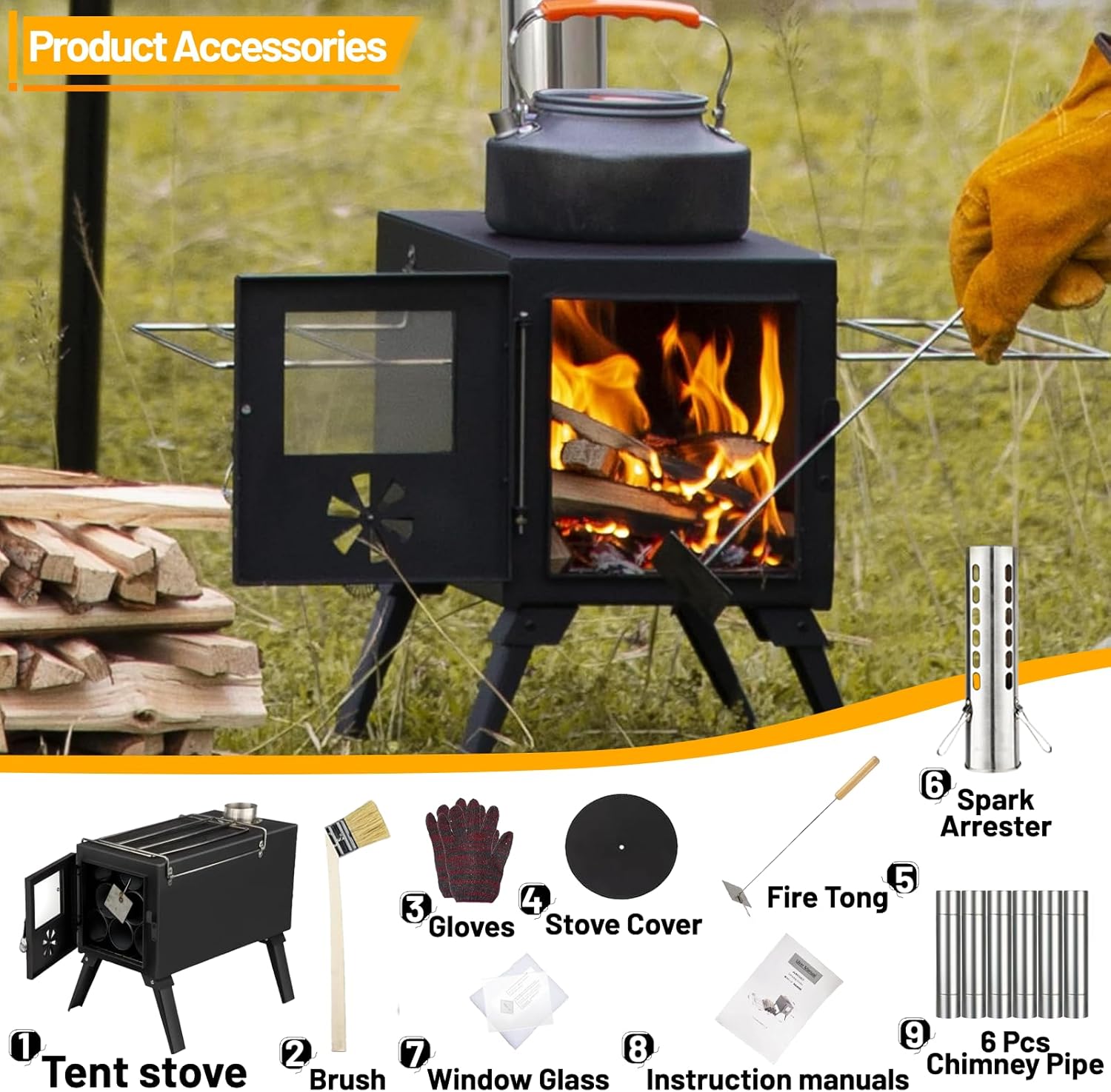 Hot Tent Stove, Wood Burning Stove, Portable Wood Stove with 6 Stainless Chimney Pipes for Outdoor Heating & Cooking, Ice Fishing, Hunting