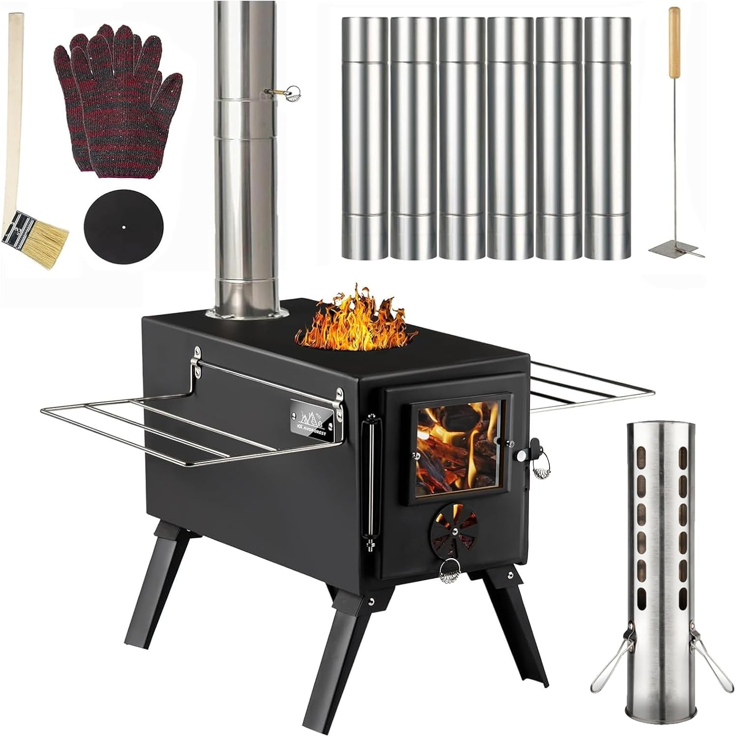 Hot Tent Stove, Wood Burning Stove, Portable Wood Stove with 6 Stainless Chimney Pipes for Outdoor Heating & Cooking, Ice Fishing, Hunting