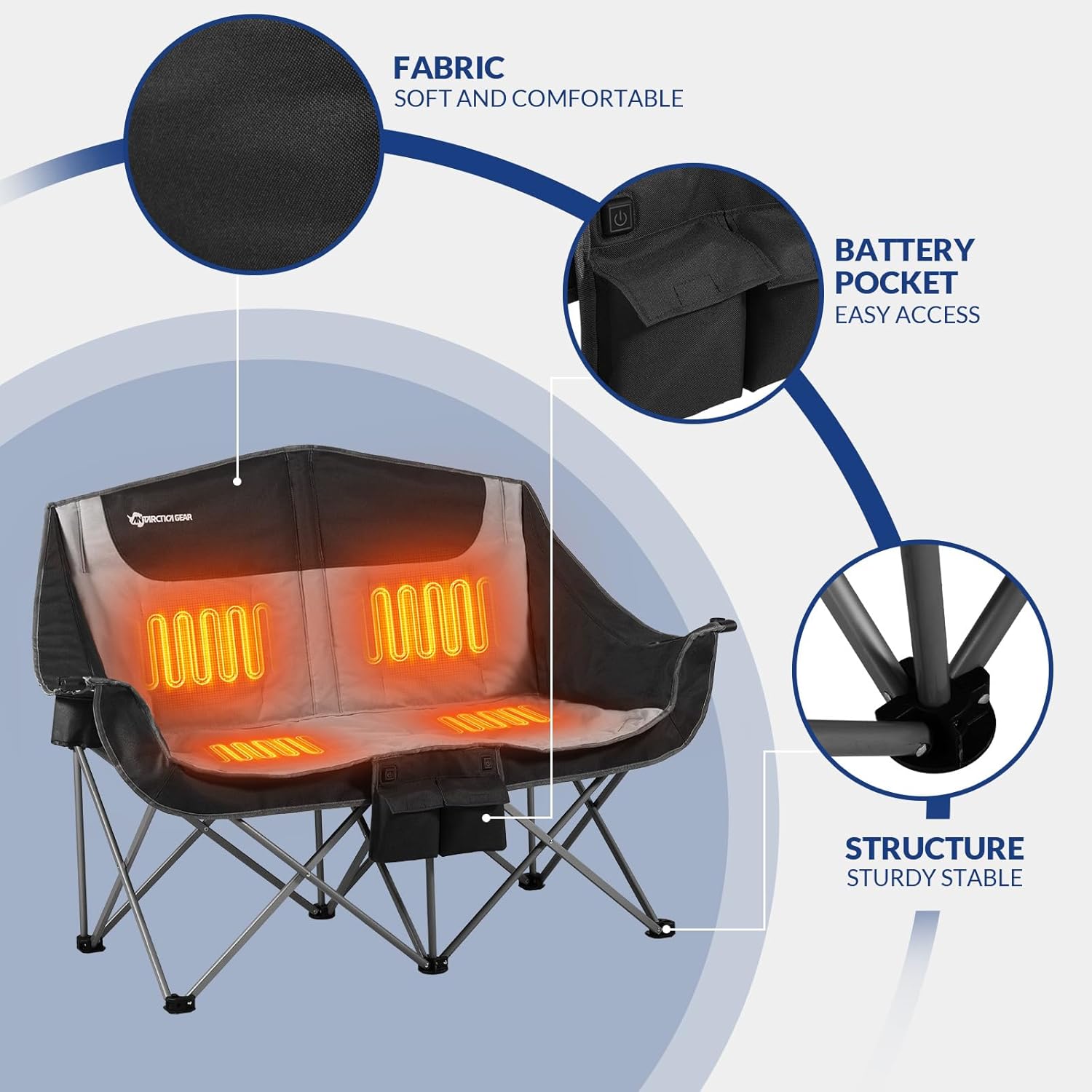 Heated Double Camping Chair, 2-Person Folding Camp Chair with 12V 16000mAh Battery Pack, Heated Portable Loveseat Chair, for Outdoor Sports, Picnics, Rugby Match, Beach Parties