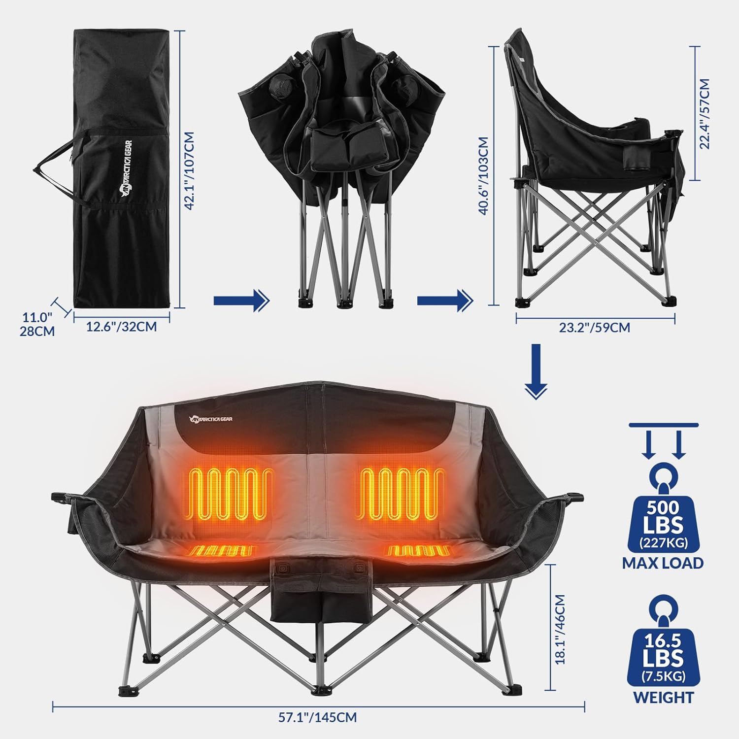 Heated Double Camping Chair, 2-Person Folding Camp Chair with 12V 16000mAh Battery Pack, Heated Portable Loveseat Chair, for Outdoor Sports, Picnics, Rugby Match, Beach Parties