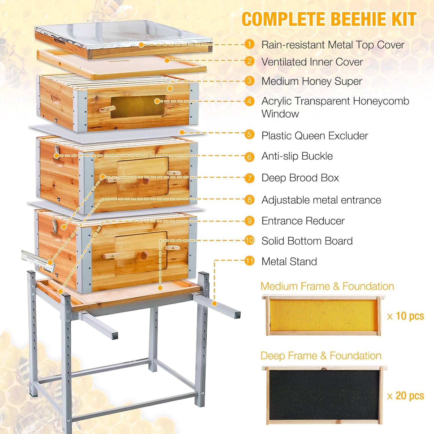 Bee Hive Boxes Starter Kit,3 Layer Metal Frame Bee House with 10 Medium and 20 Deep Frames & Foundations, Langstroth Honey Bee Hive with Metal Stand