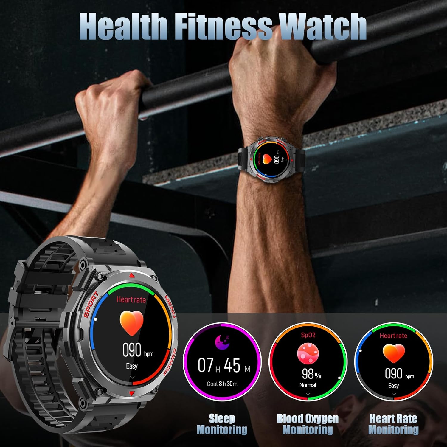 Military Smart Watch, 1.52-Inch Touch Screen Tactical Smartwatch with Text and Call, Heart Rate, Blood Oxygen, and Activity Trackers - Compatible with iPhone and Android, for Men and Women