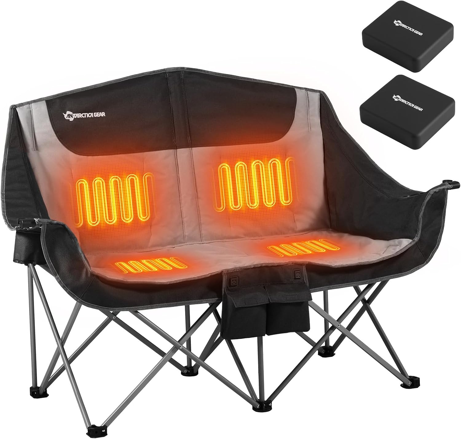 Heated Double Camping Chair, 2-Person Folding Camp Chair with 12V 16000mAh Battery Pack, Heated Portable Loveseat Chair, for Outdoor Sports, Picnics, Rugby Match, Beach Parties