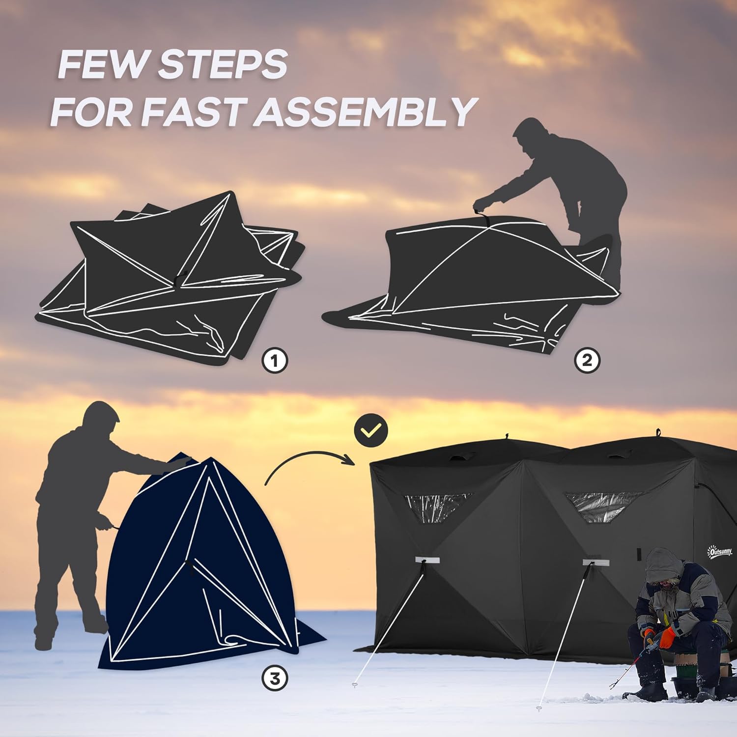 5-8 People Ice Fishing Shelter, Pop-Up Portable Ice Fishing Tent with Carry Bag, Two Doors, Windows and Vents, Ice Shanty for Winter Fishing