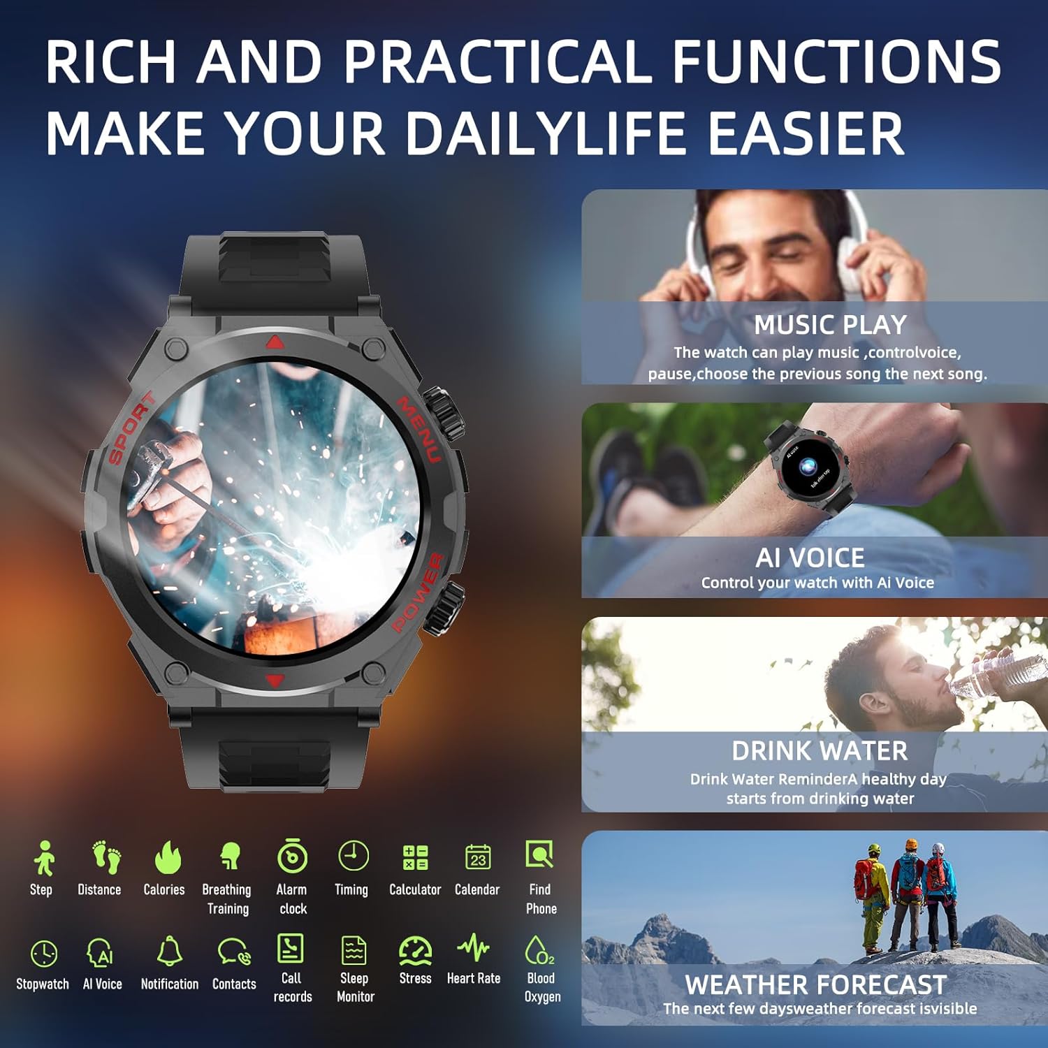 Military Smart Watch, 1.52-Inch Touch Screen Tactical Smartwatch with Text and Call, Heart Rate, Blood Oxygen, and Activity Trackers - Compatible with iPhone and Android, for Men and Women