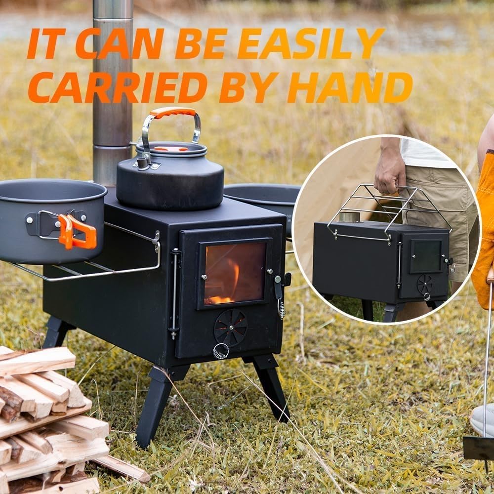 Hot Tent Stove, Wood Burning Stove, Portable Wood Stove with 6 Stainless Chimney Pipes for Outdoor Heating & Cooking, Ice Fishing, Hunting