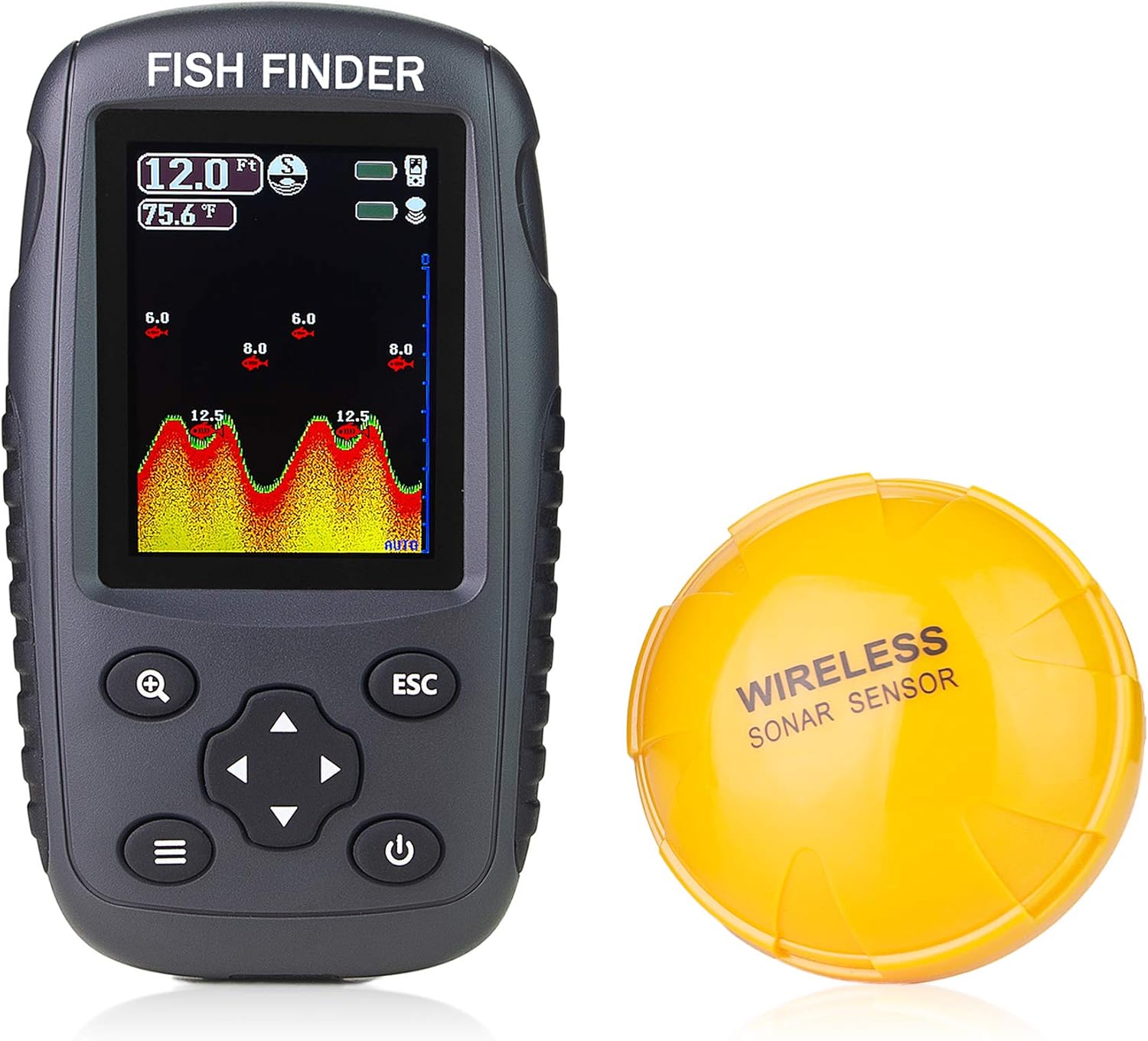 Portable Rechargeable Fish Finder Wireless Sonar Sensor Fishfinder Depth Locator with Fish Size, Water Temperature, Bottom Contour, Color LCD Display