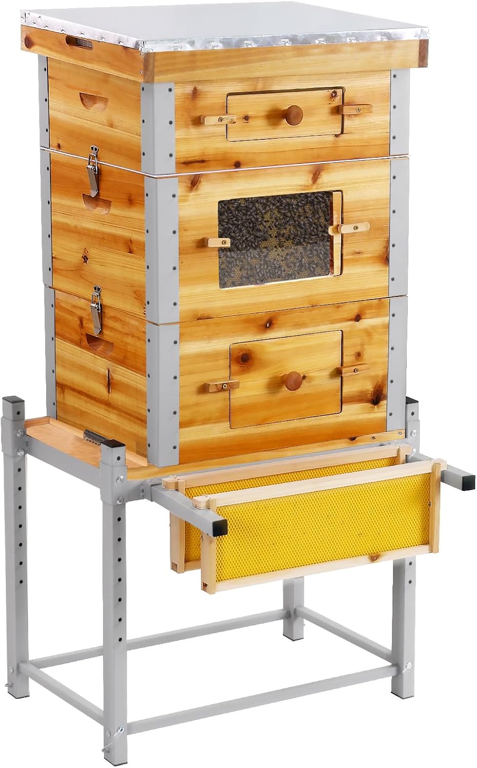 Bee Hive Boxes Starter Kit,3 Layer Metal Frame Bee House with 10 Medium and 20 Deep Frames & Foundations, Langstroth Honey Bee Hive with Metal Stand