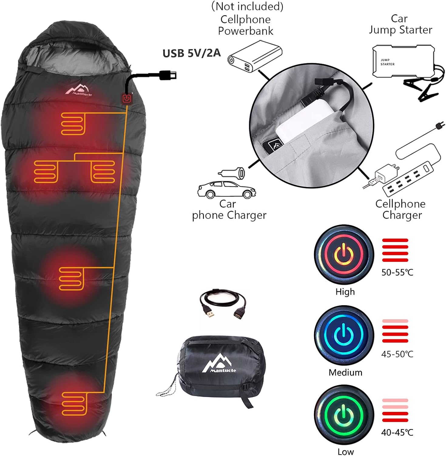 Heated Sleeping Bag 5pcs Multi USB Power Support Heating Pads,Operated with Battery Power Bank or Other USB Power Supplies, Portable Compact Bag, Mummy Style