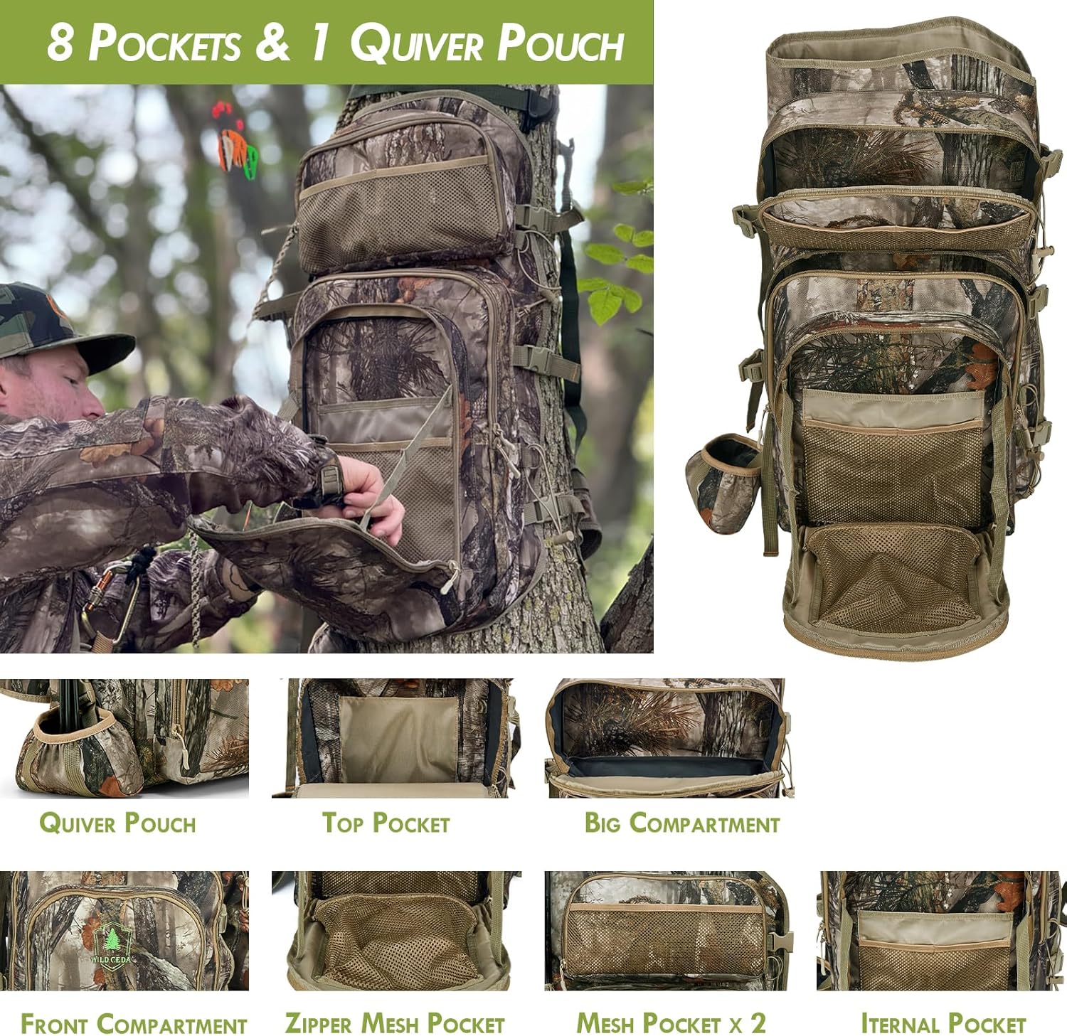 Camo Bow Hunting Backpack for Men, Saddle Hunting Backpack with Bow Holder, Compound Bow Hunting Bag for Deer and Elk Hunting