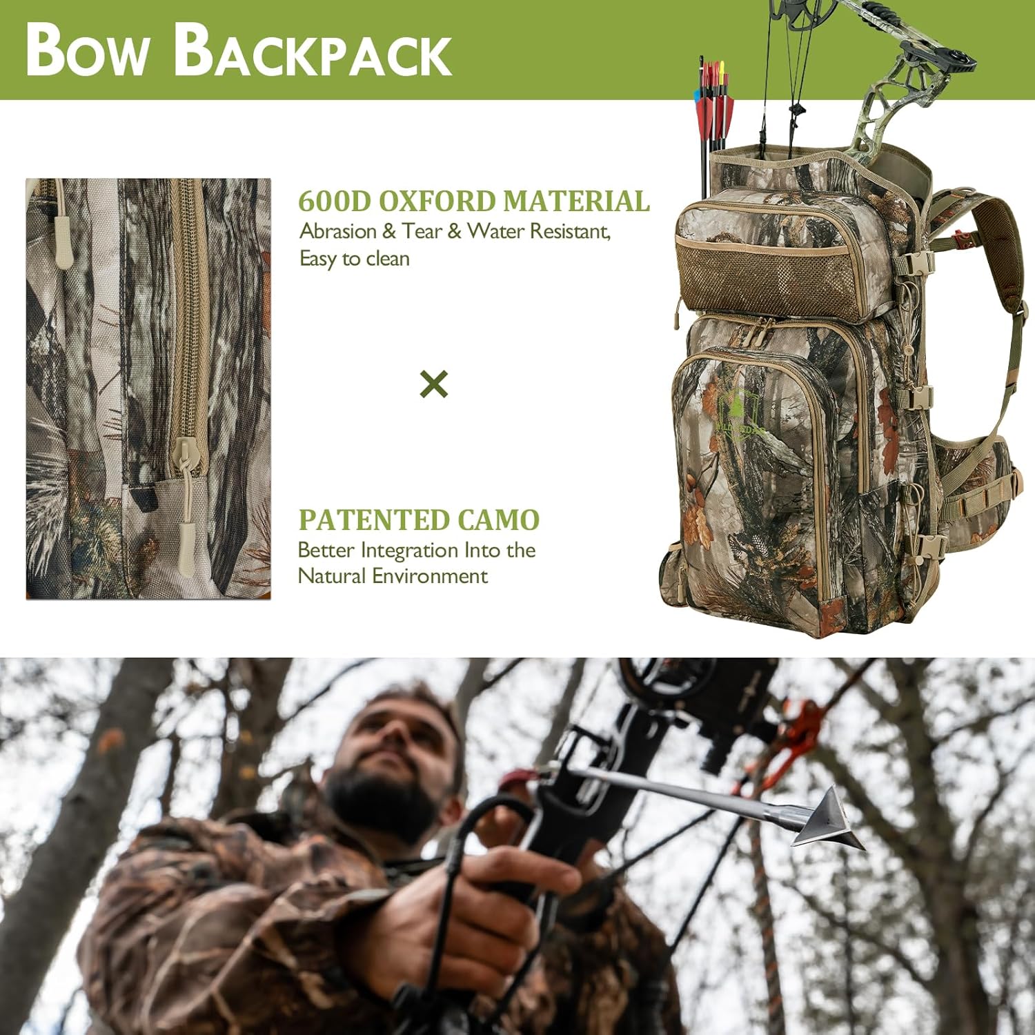 Camo Bow Hunting Backpack for Men, Saddle Hunting Backpack with Bow Holder, Compound Bow Hunting Bag for Deer and Elk Hunting