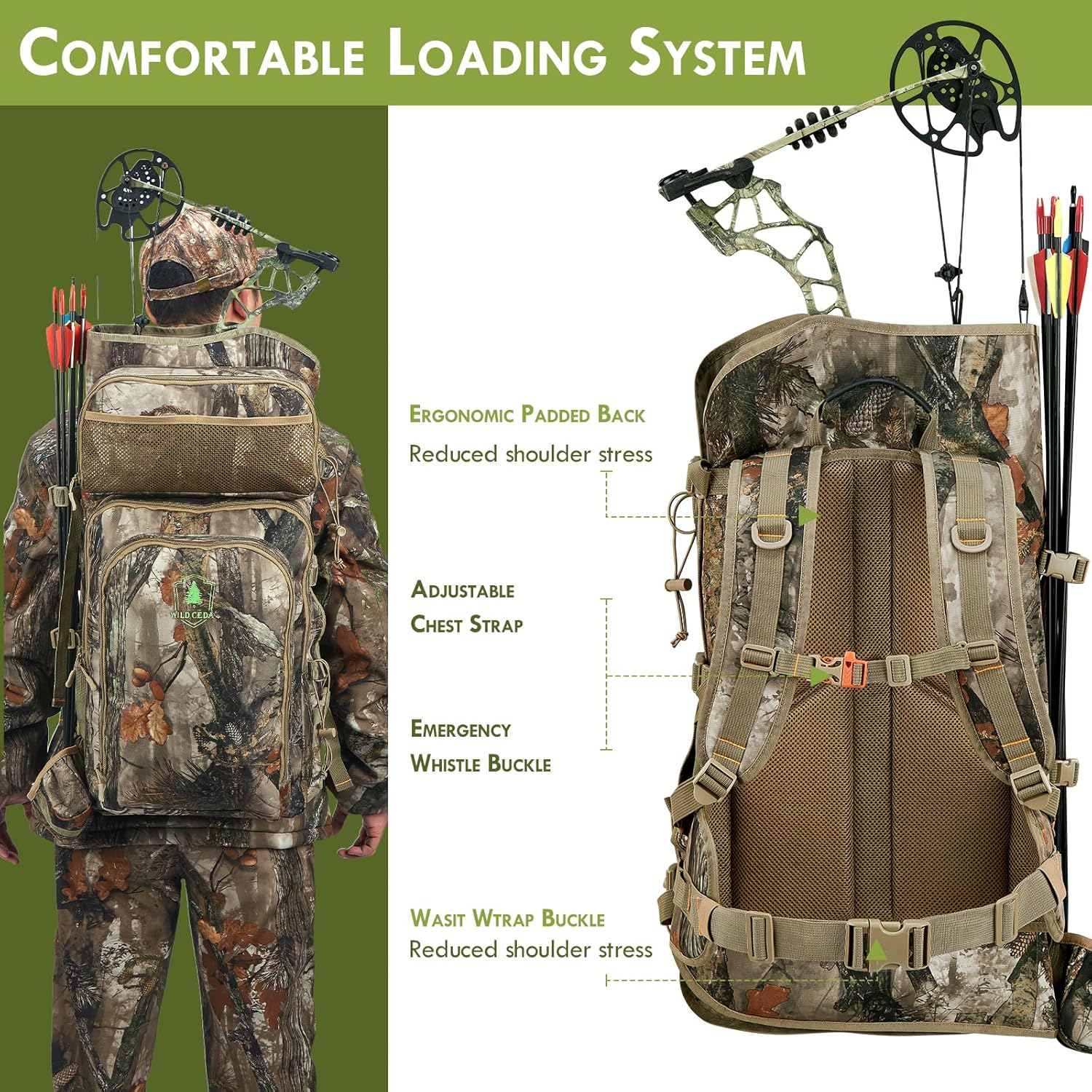 Camo Bow Hunting Backpack for Men, Saddle Hunting Backpack with Bow Holder, Compound Bow Hunting Bag for Deer and Elk Hunting