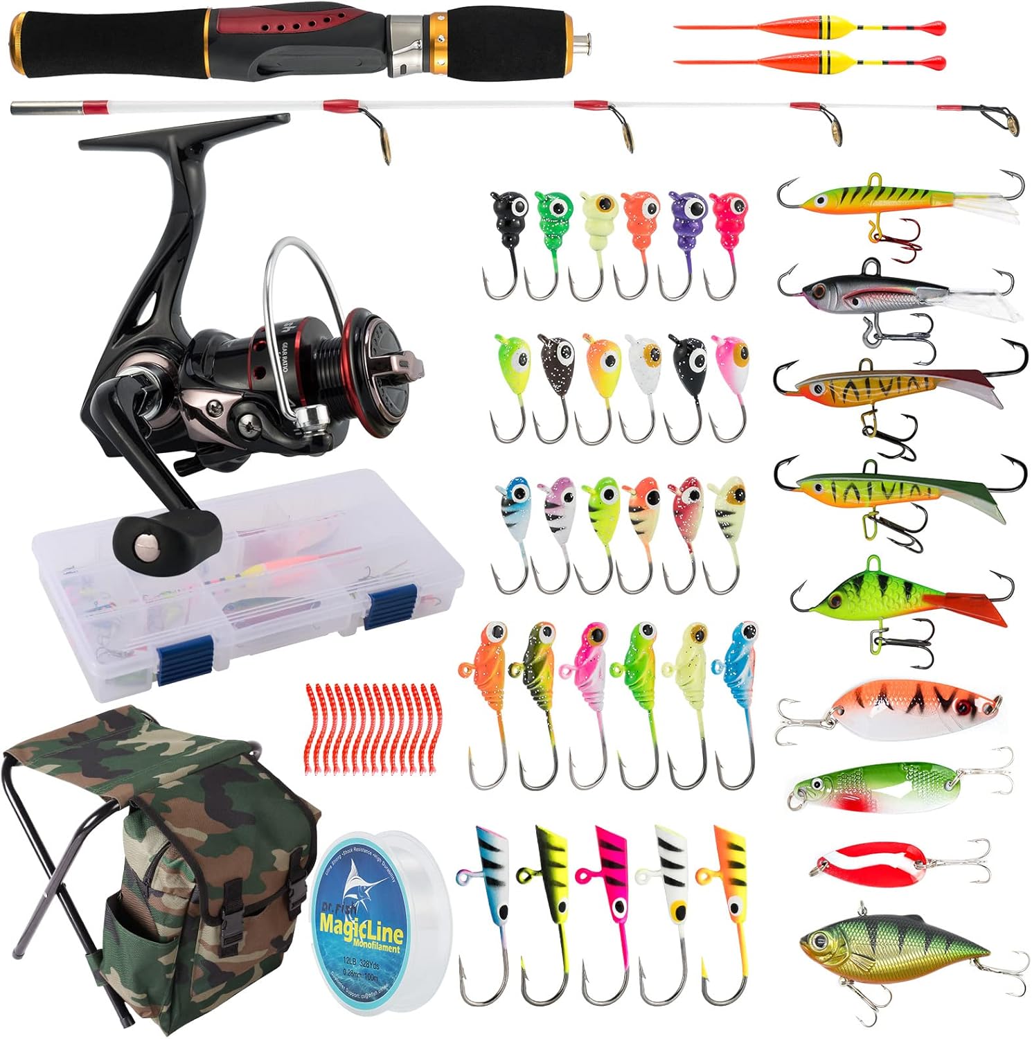 Ice Fishing Rod and Reel Combo, Ice Fishing Gear Pole Ice Fishing Reel Equipment Set Ice Fishing Backpack Chair Ice Jigs Lures Ice Fishing Accessories