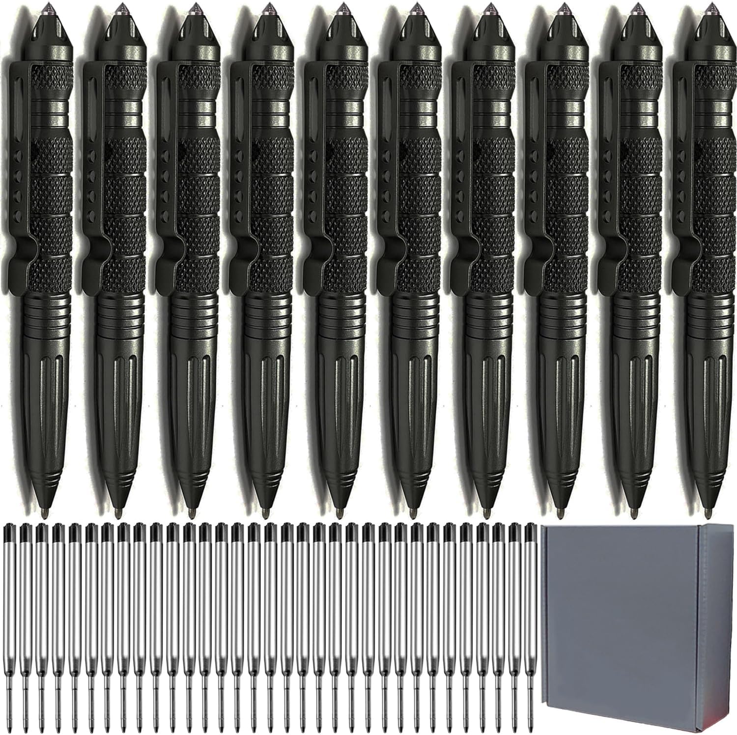 10 Pack Tungsten Steel Military Tactical Pen Set, Multifunctional EDC Self Defense Pen With 40 Ballpoint Refills