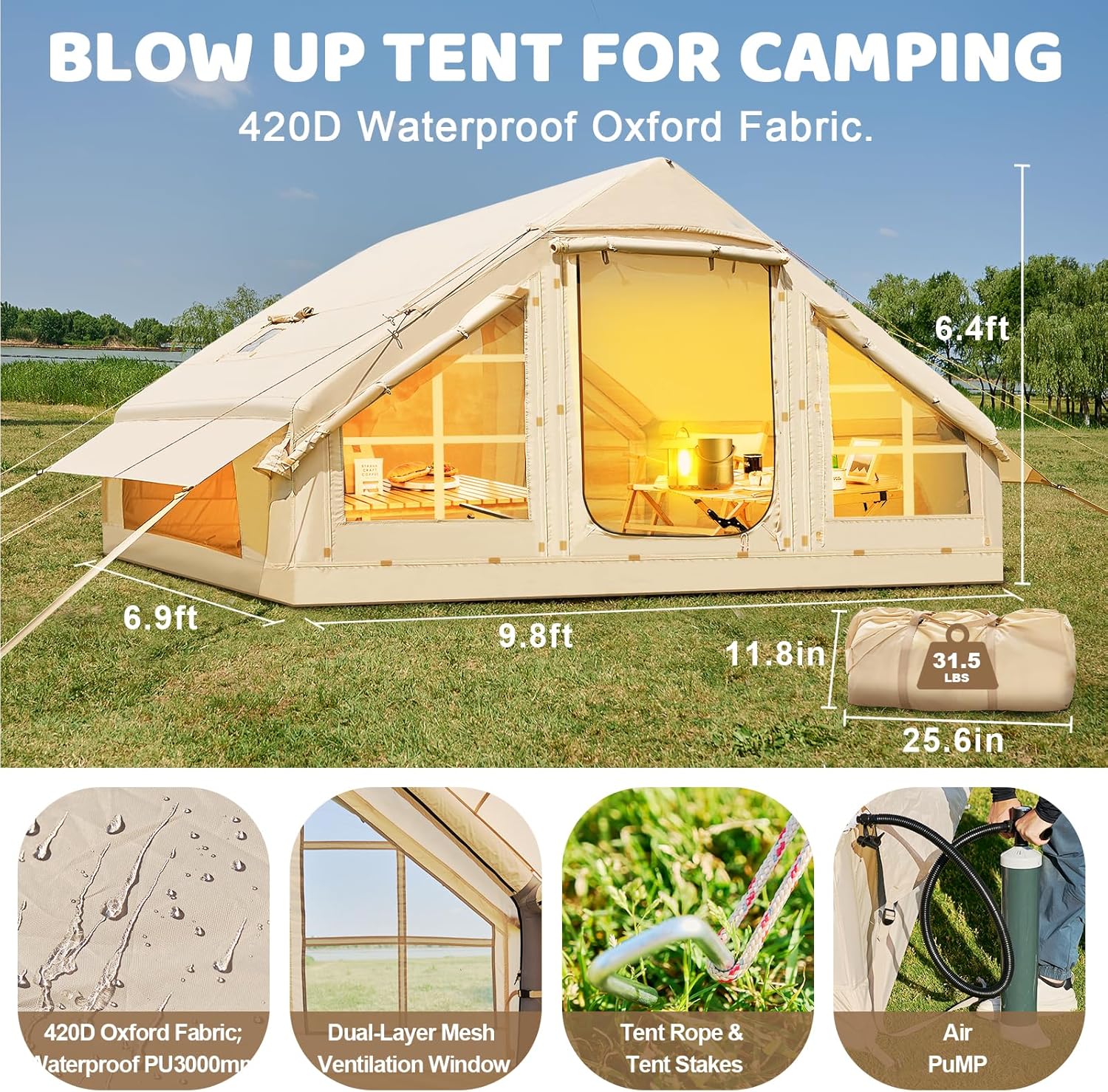 Inflatable Tents for Camping, Blow Up Tent with Hand Pump, Easy Setup Inflatable Tent House, Waterproof Oxford Air Tent for Camping Adult, 4-6 Person Glamping Tents with Stove Jack