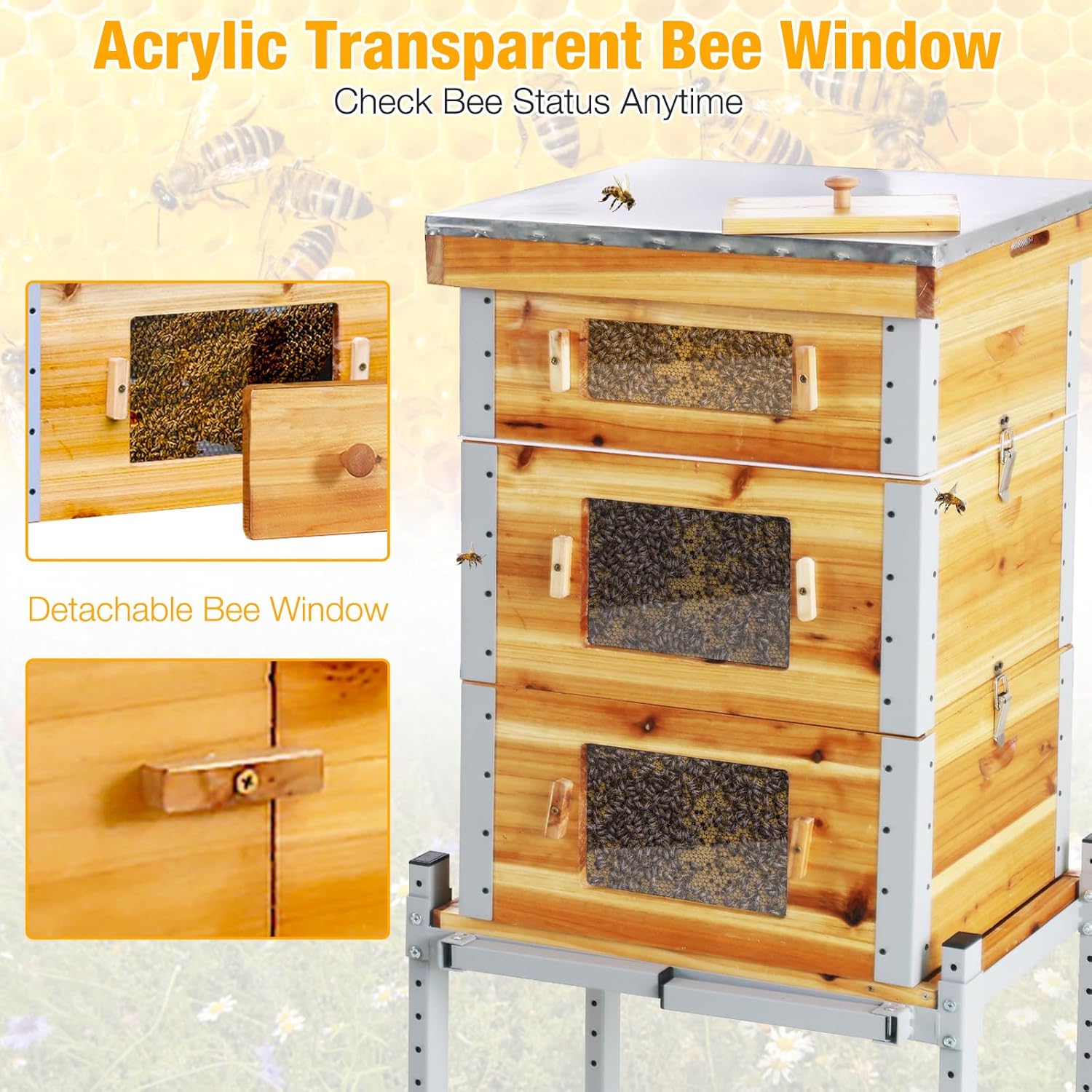 Bee Hive Boxes Starter Kit,3 Layer Metal Frame Bee House with 10 Medium and 20 Deep Frames & Foundations, Langstroth Honey Bee Hive with Metal Stand