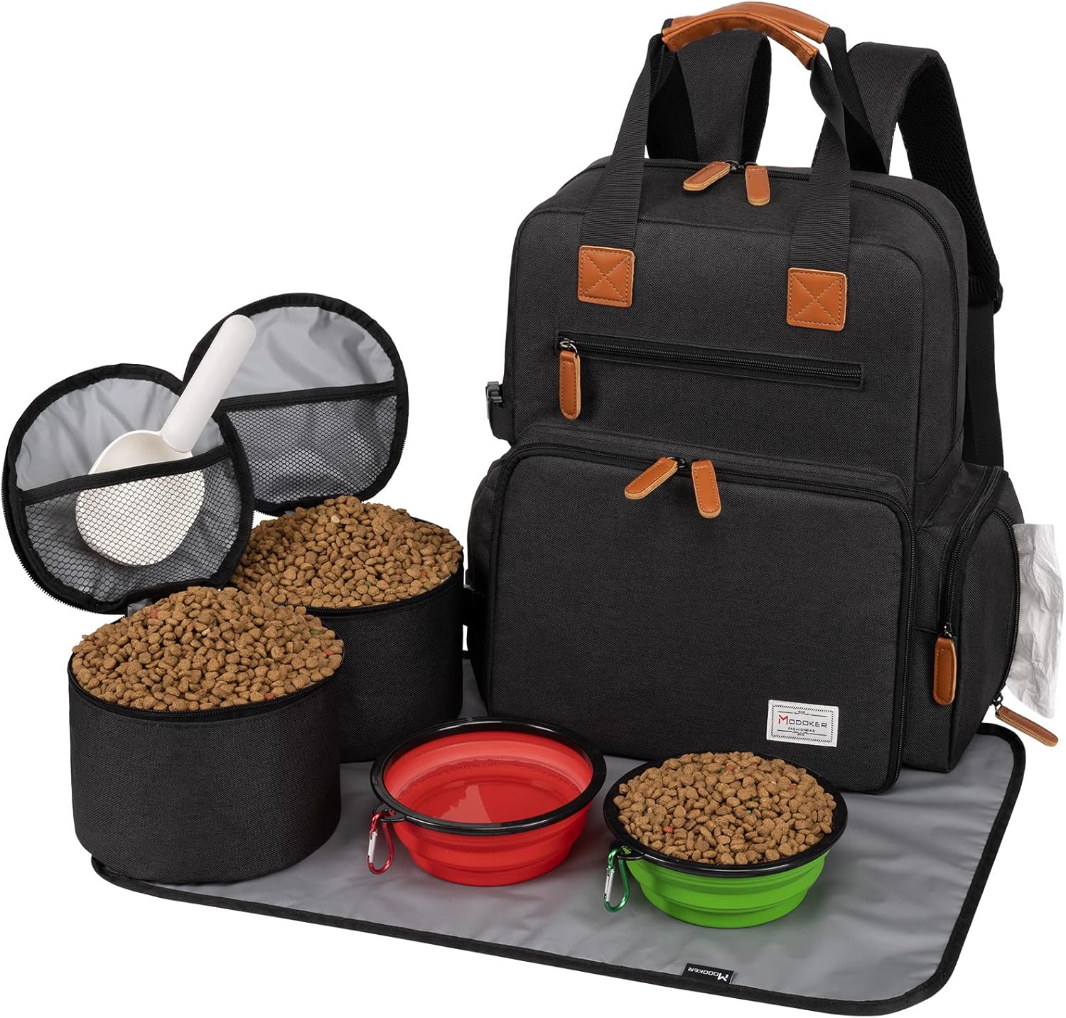 Dog Travel Bag, Airline Approved Backpack for Pet Accessories Organizer, Tote Weekend Bag with 2 Dog Food Storage Containers, 2 Collapsible Dog Bowls, 1 Pet Mat