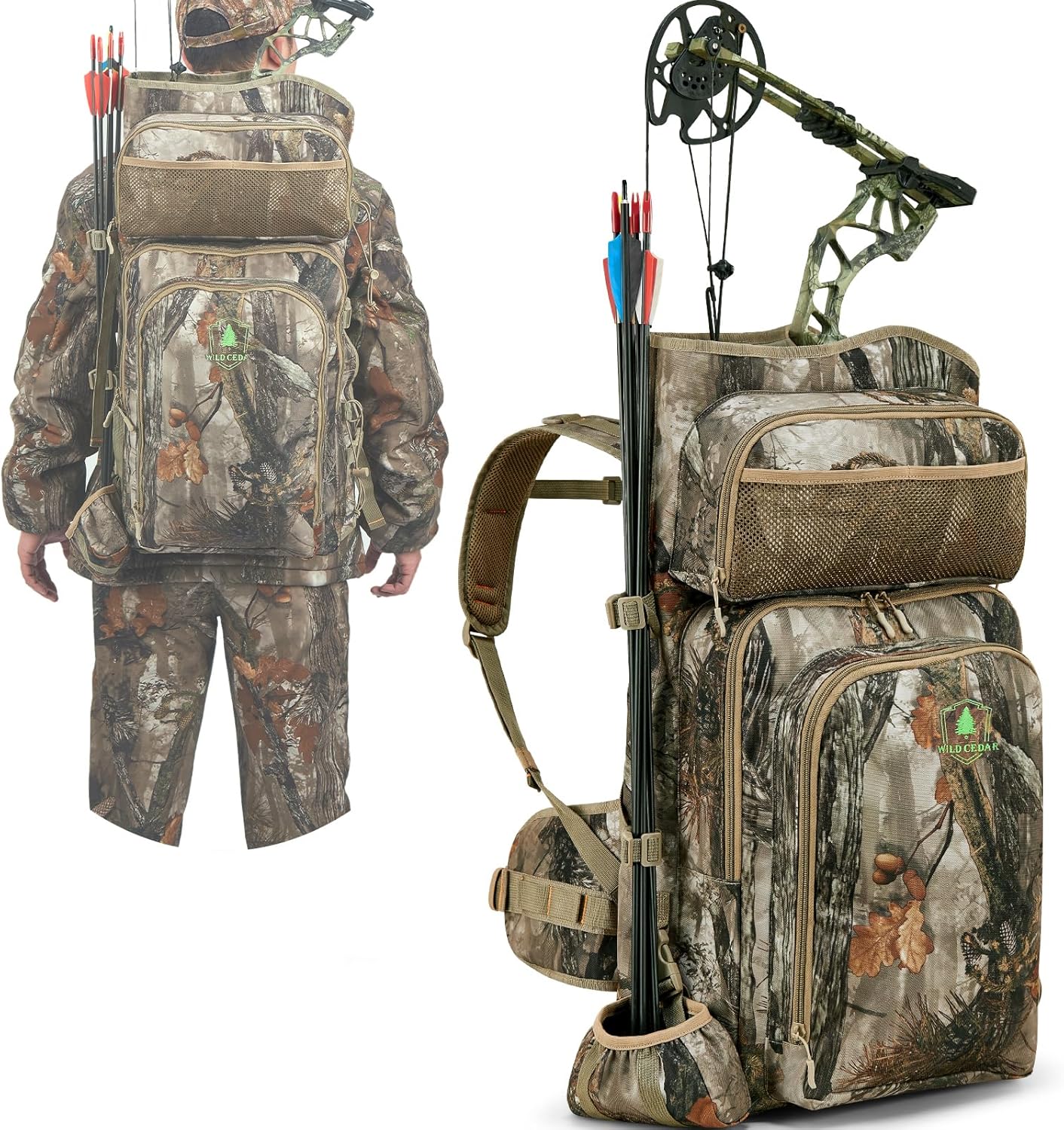 Camo Bow Hunting Backpack for Men, Saddle Hunting Backpack with Bow Holder, Compound Bow Hunting Bag for Deer and Elk Hunting