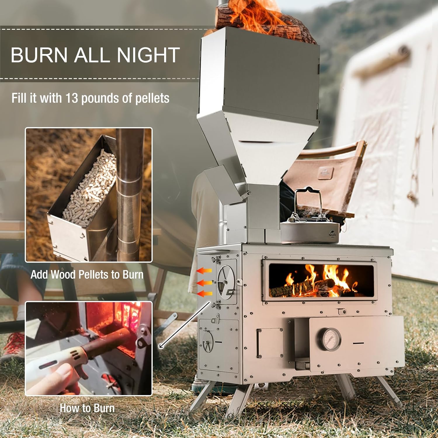 Camping Pellet Burning Stove with Oven, Portable Wood Burning Stove for Outdoor, Cooking, Hiking,Hot Tent Stove with Stainless Steel Construction Chimney Pipes Included