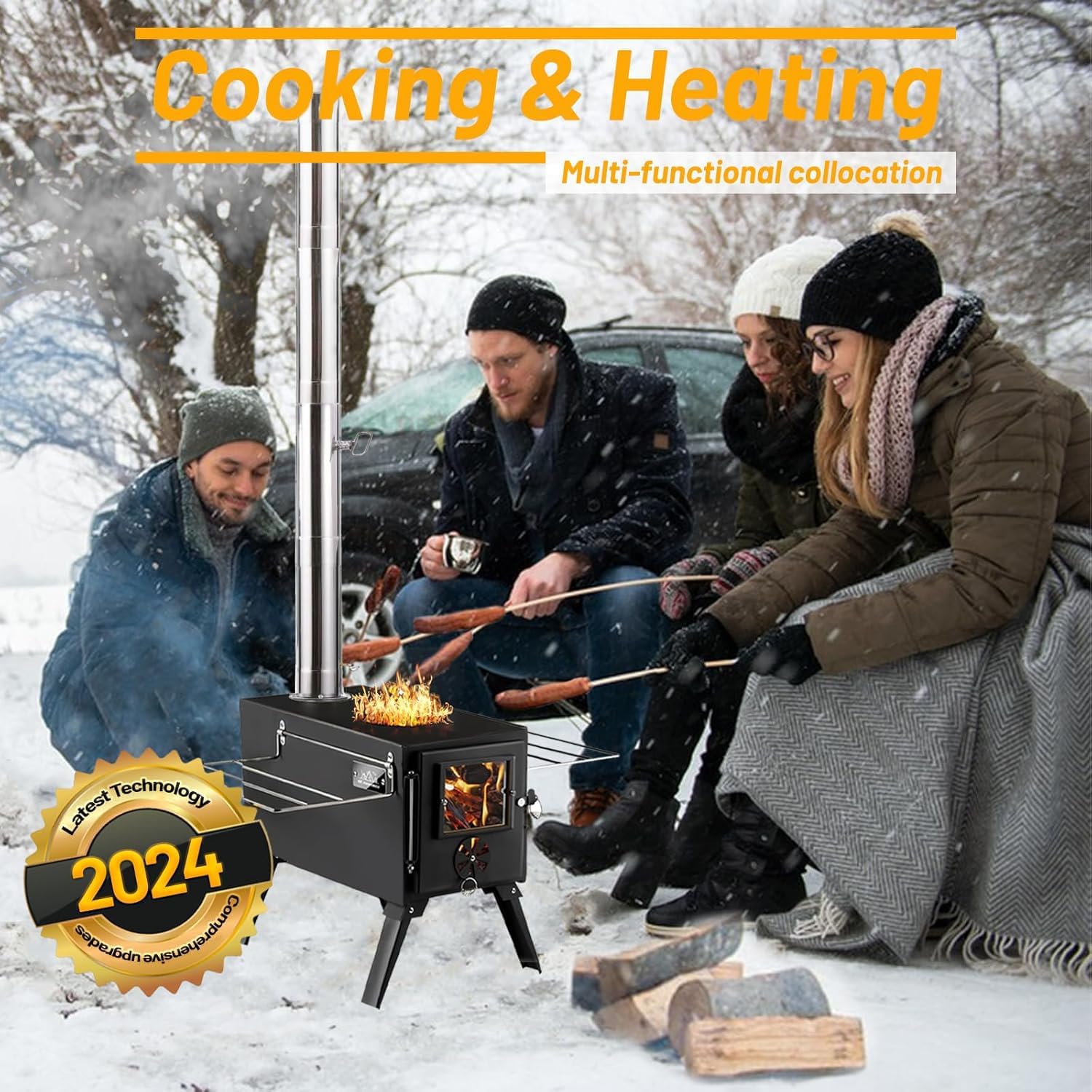 Hot Tent Stove, Wood Burning Stove, Portable Wood Stove with 6 Stainless Chimney Pipes for Outdoor Heating & Cooking, Ice Fishing, Hunting