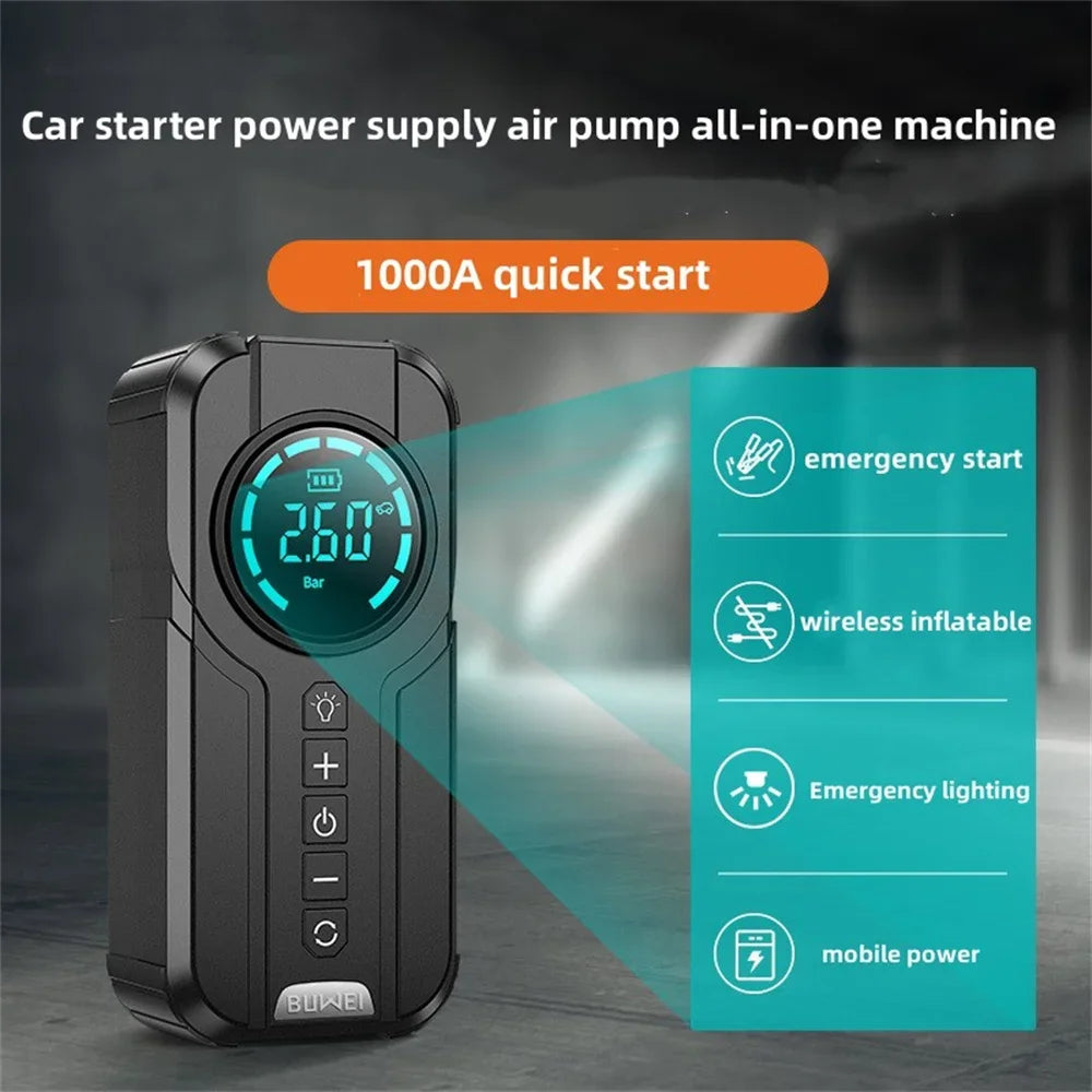 Car Battery Jump Starter Air Pump Power Bank Lighting Portable Air Compressor 4 In 1 Car Battery Starter Starting Auto Tire Inflator