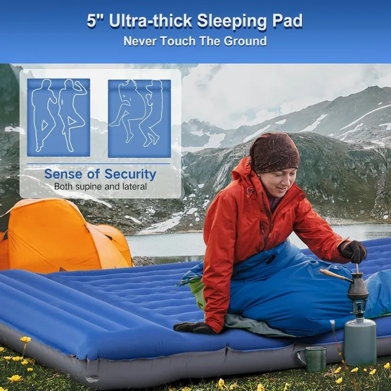 Double Sleeping Pad Camping, Self Inflating 5'' Extra-Thick 2 Person Pillow Built-in Foot Pump Waterproof Inflatable Sleeping