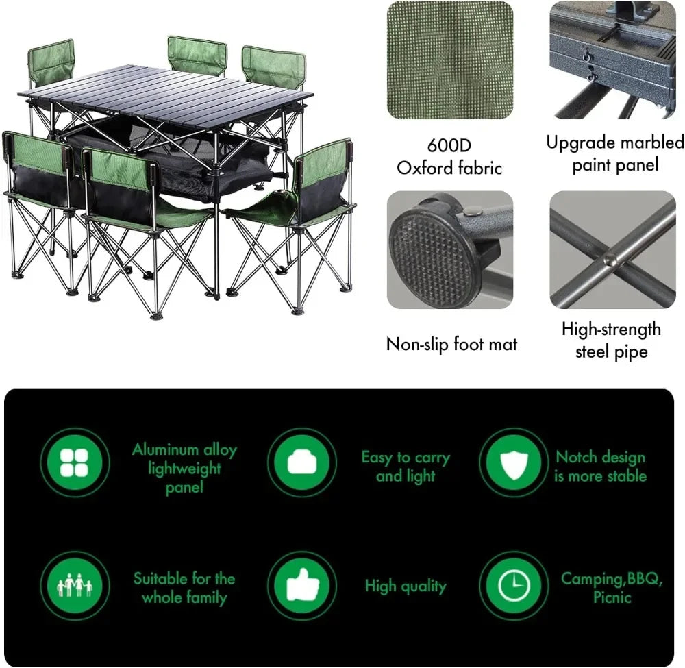 Folding Camping Table with 6 Chairs, Portable Lightweight Picnic Table for Outdoor Travel, Grill Beaches Party, Backyard BBQ
