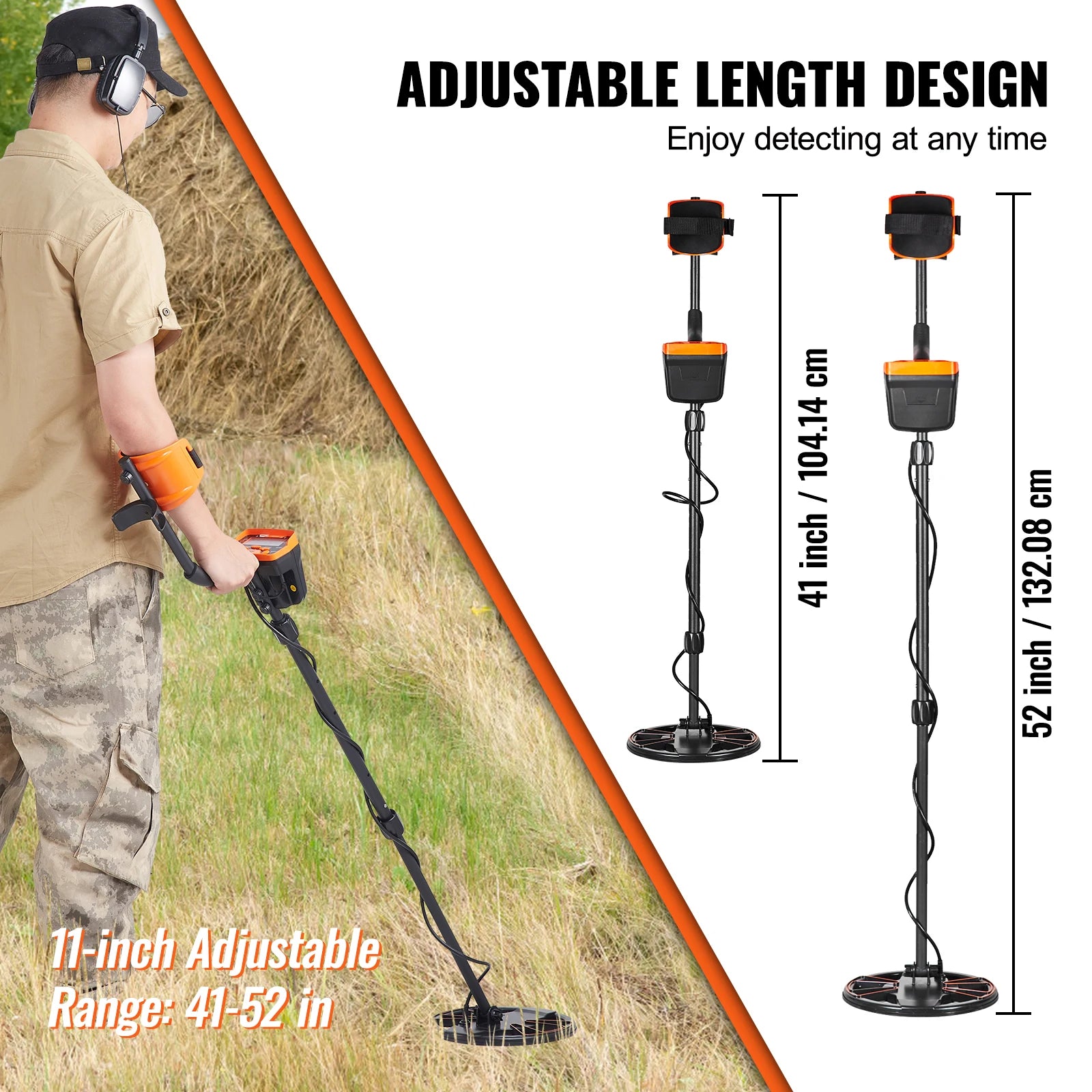 VEVOR Metal Detector for Adults & Kids 10Inch Waterproof Search Coil with LCD Display 7 Modes Adjustable 41''-52'' Aluminum Stem