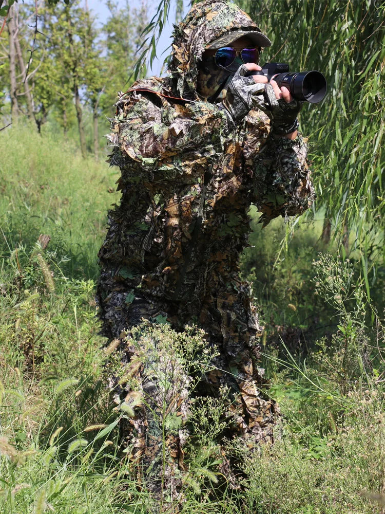 Ghillie Suit Breathable Camouflage Hunting Suit for Men Woman Lightweight and Hooded Wild Leafy Design woodland hunter 6 in 1