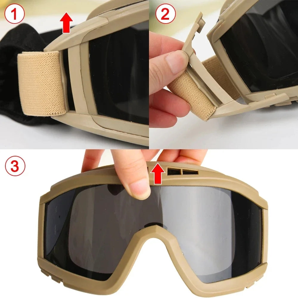 Tactical Goggles Mountaineering Shooting Sunglasses Windproof Sand Control Motocross CS Glasses 3 Lenses Replaceable Motorcycle