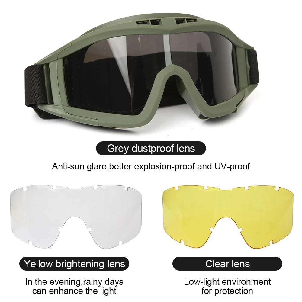 Tactical Goggles Mountaineering Shooting Sunglasses Windproof Sand Control Motocross CS Glasses 3 Lenses Replaceable Motorcycle