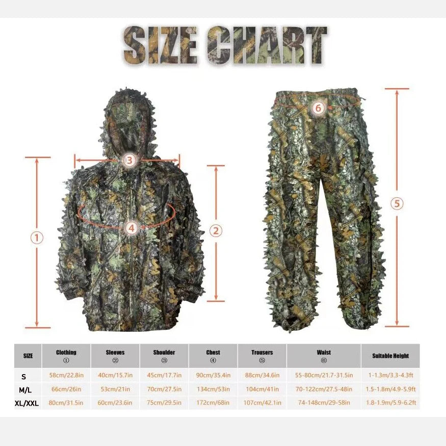 Ghillie Suit Breathable Camouflage Hunting Suit for Men Woman Lightweight and Hooded Wild Leafy Design woodland hunter 6 in 1