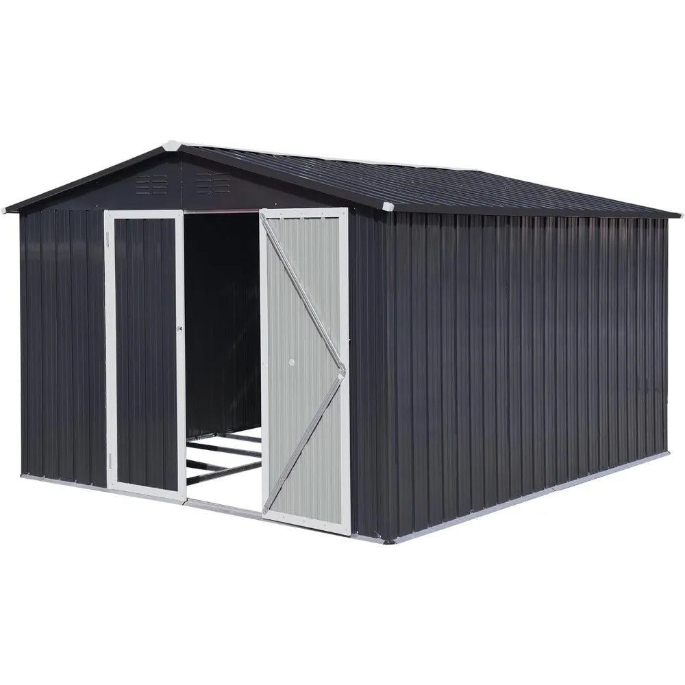 10x8 FT Outdoor Storage Shed W/Lockable Doors, Weatherproof Tool House with Pitched Roof & Punched Vents, Outdoor Storage House