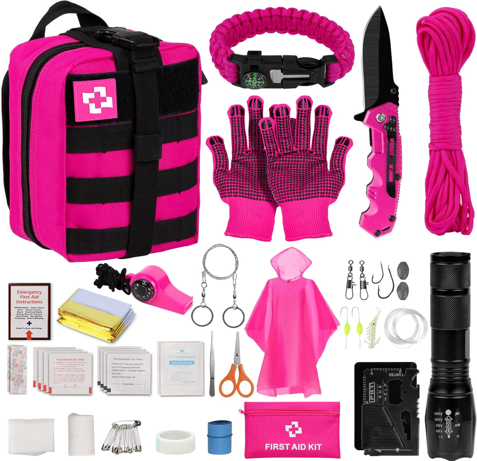 Womens Pink Emergency Survival Kit and First Aid Kit, Self Defense Kit Safety Kit, Survival Gear and Equipment with Tactical Molle Pouch and Emergency Tent, Outdoor Adventure, Hiking, Hunting