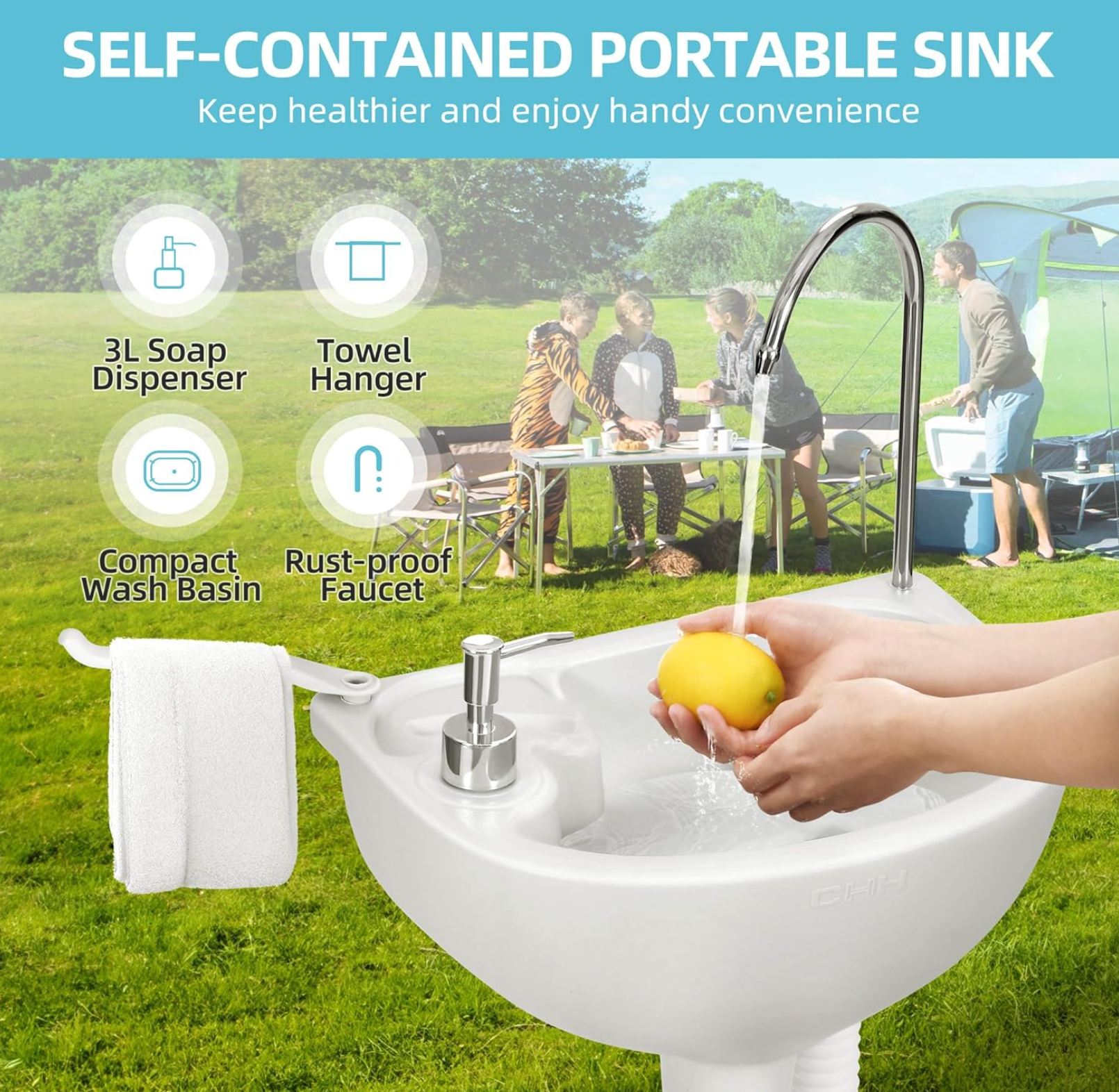 17L Portable Sink for Washing Hands and 5.28 Gallon Portable Toilet, RV Camping Toilet With Level Indicator & Rotatable Spout for Adults, Travel, Boat, Gather, Wedding, Worksite