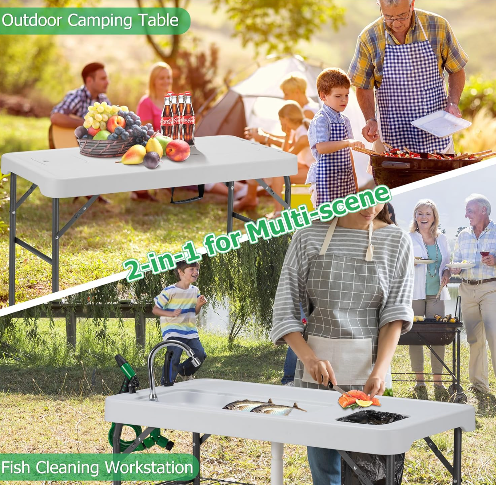 Outdoor Fish Cleaning Table Portable Camping Sink Station with Enlarged Sink, Collapsible Swivel Faucet, Picnic Sink Table with Garbage Holder for Picnic Beach Patio