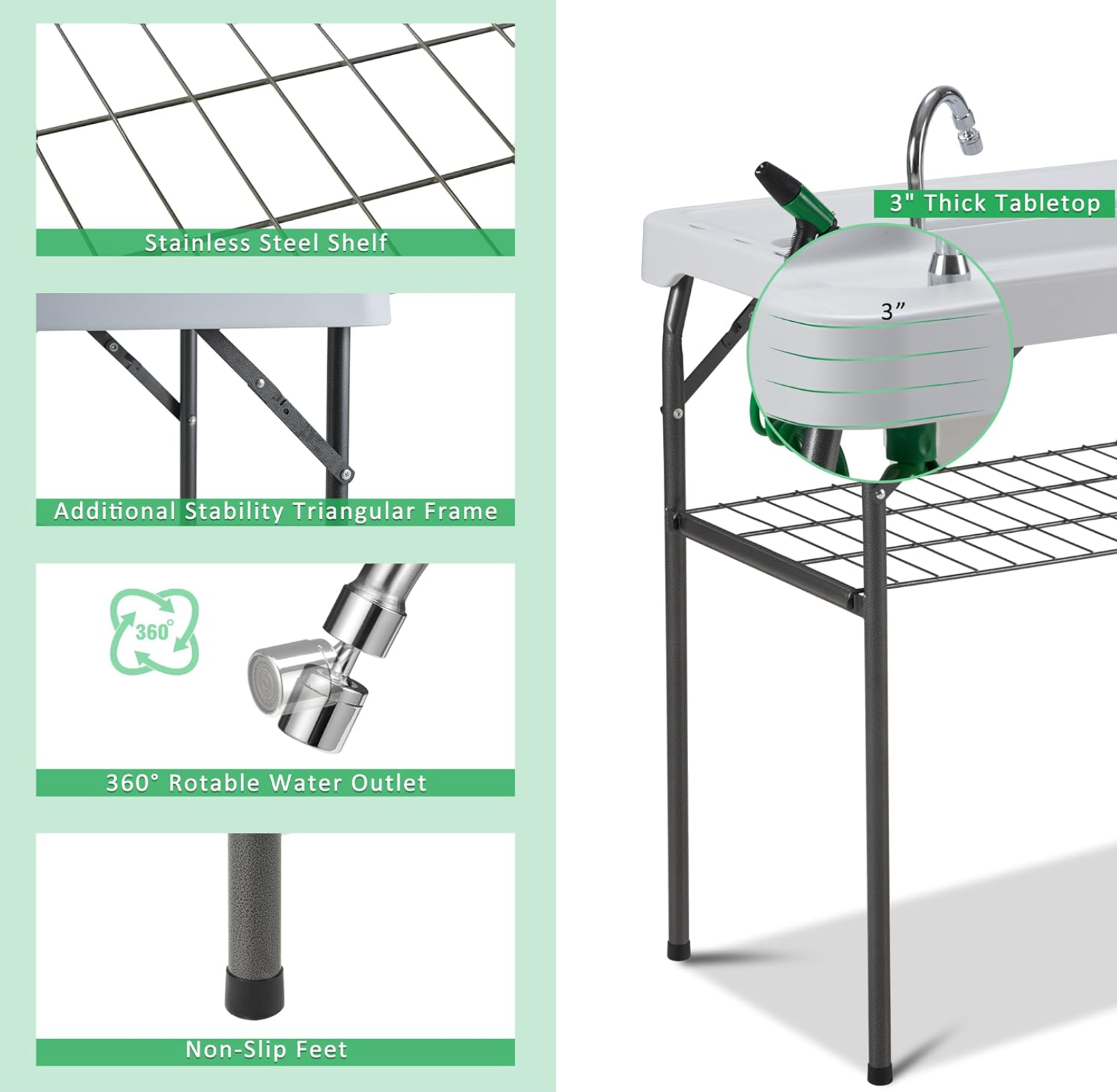 Outdoor Fish Cleaning Table Portable Camping Sink Station with Enlarged Sink, Collapsible Swivel Faucet, Picnic Sink Table with Garbage Holder for Picnic Beach Patio