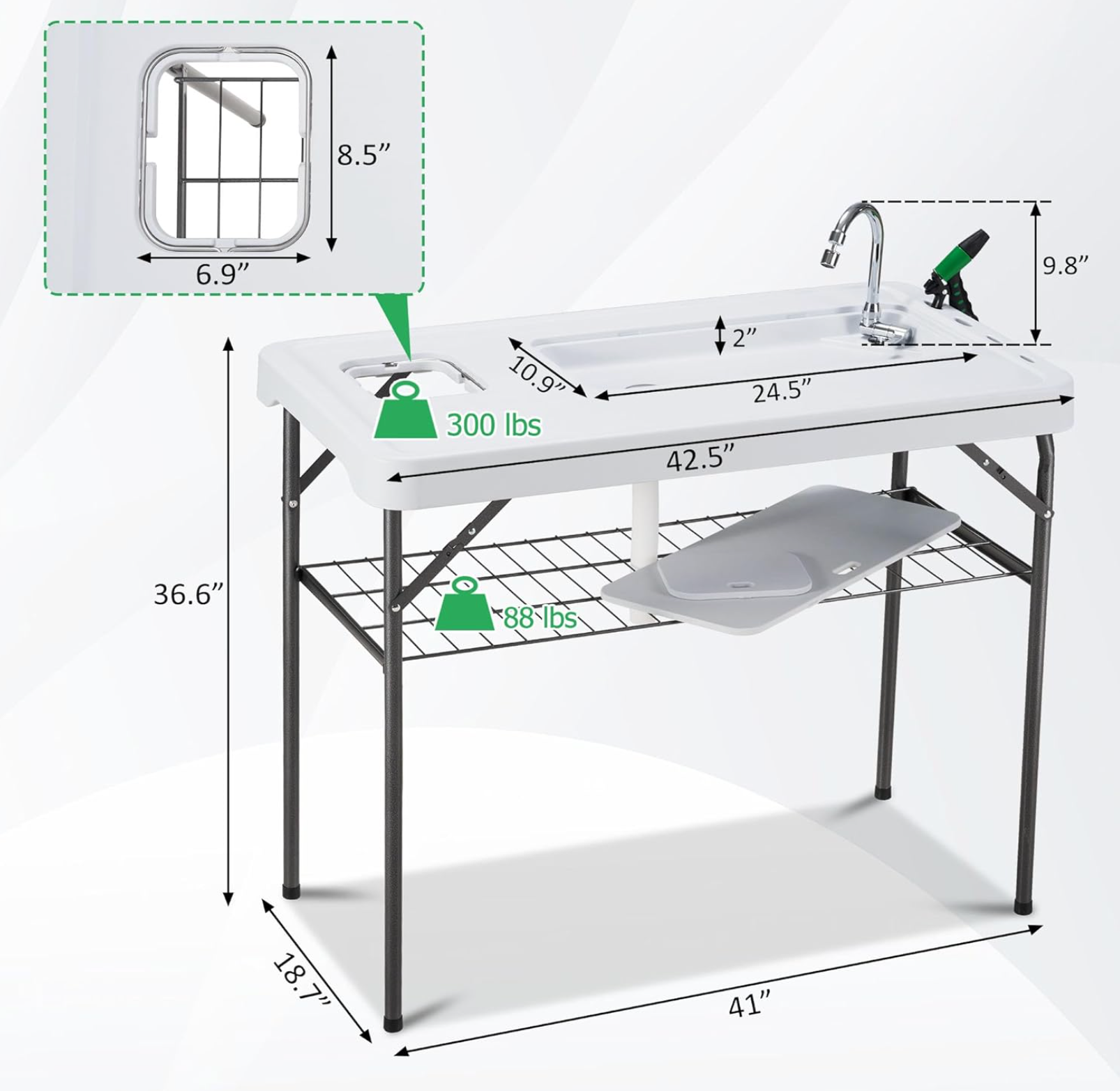 Outdoor Fish Cleaning Table Portable Camping Sink Station with Enlarged Sink, Collapsible Swivel Faucet, Picnic Sink Table with Garbage Holder for Picnic Beach Patio