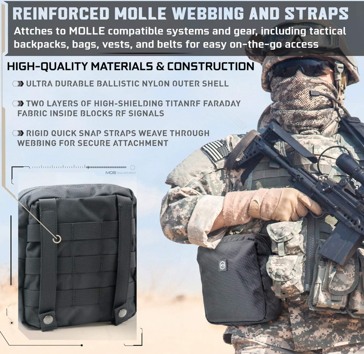 MOLLE Faraday Pouch // Military-Grade Bag with RF Signal Blocking Liner Attaches to MOLLE Webbing Systems // Anti-Hacking & Tracking Assurance, Data Privacy for Handheld Devices