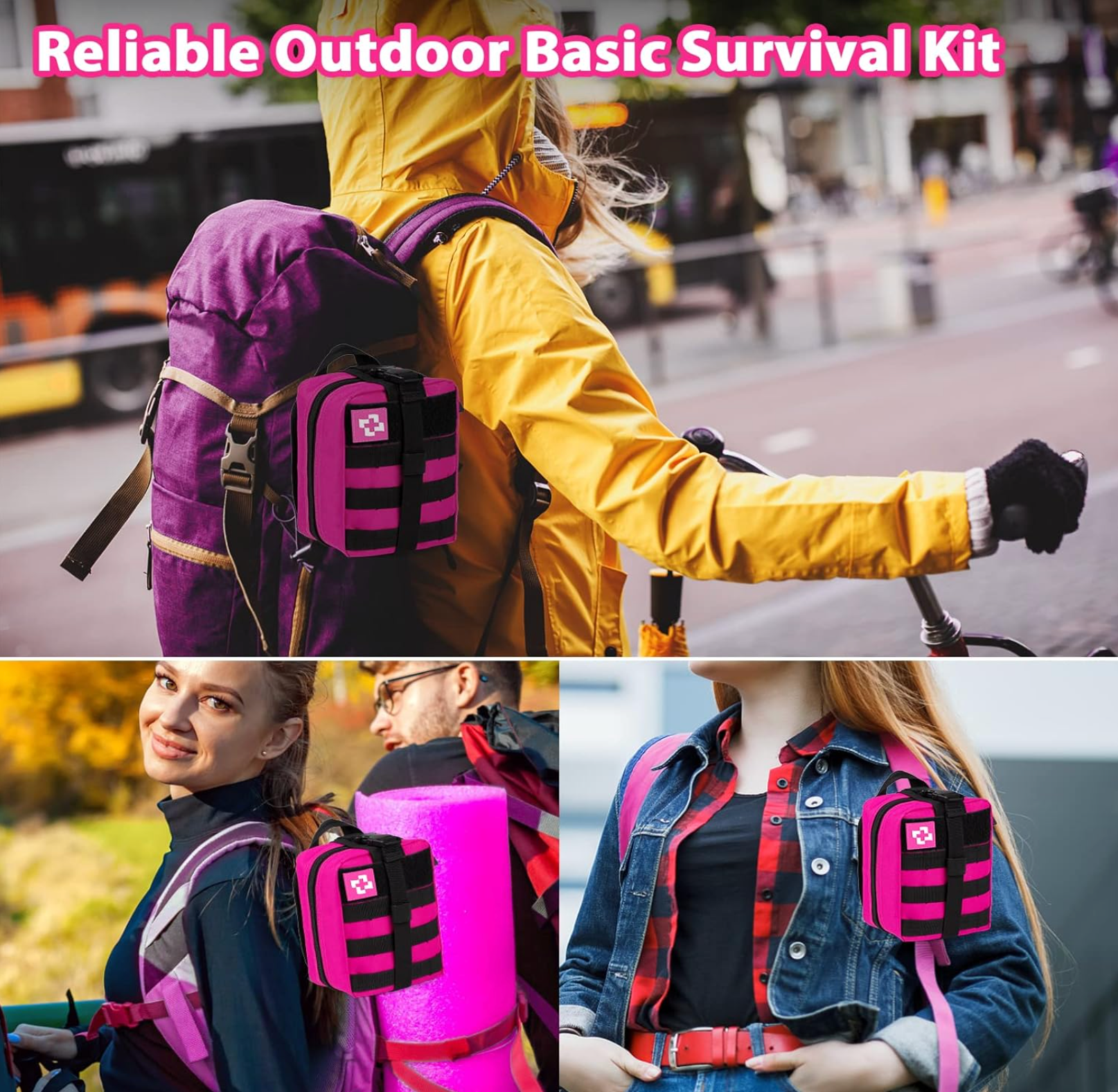 Womens Pink Emergency Survival Kit and First Aid Kit, Self Defense Kit Safety Kit, Survival Gear and Equipment with Tactical Molle Pouch and Emergency Tent, Outdoor Adventure, Hiking, Hunting